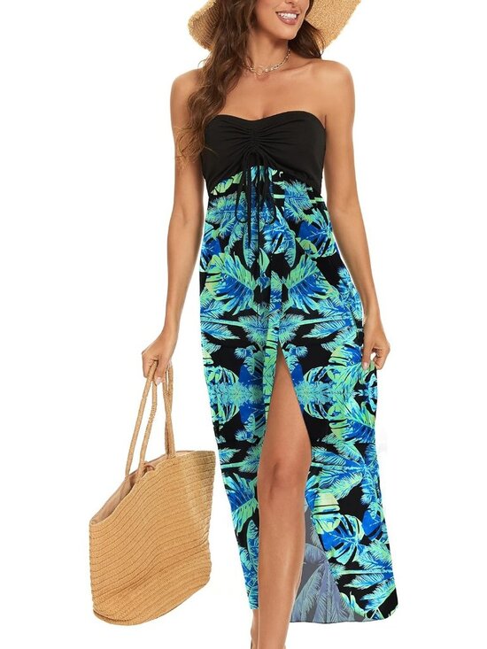 Dresses & Skirts - Women's Black Light Blue Cover Ups Strapless Beach Asymmetrical Maxi Dress